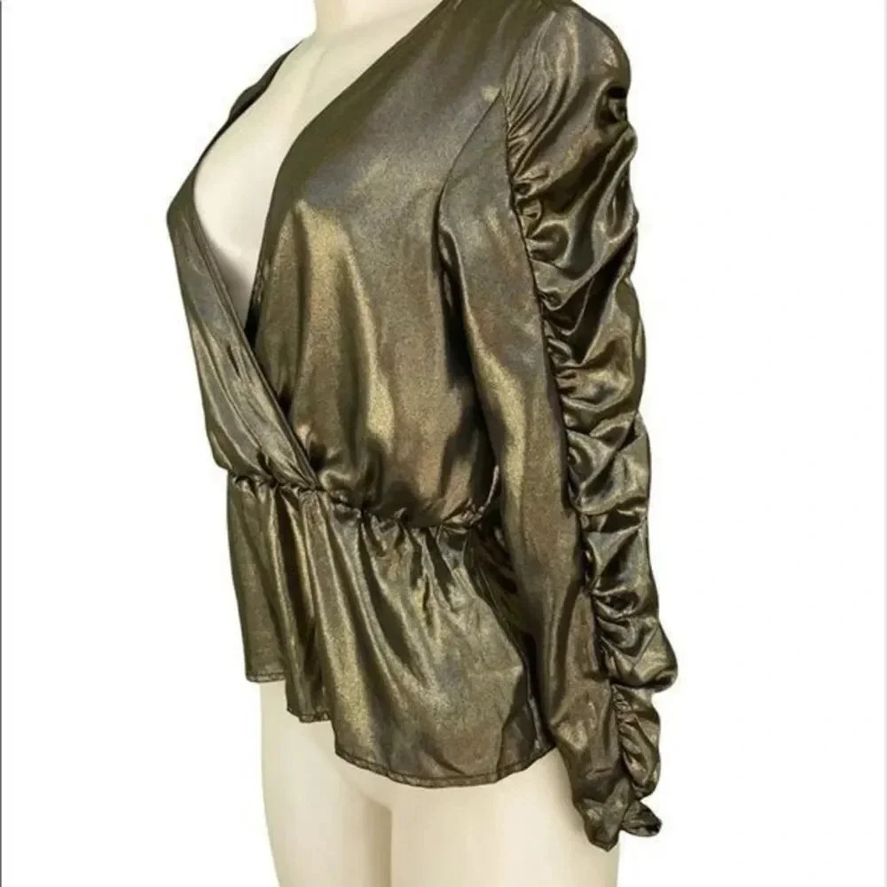 ZARA GOLD METALLIC EFFECT BLOUSE TOP WITH GATHERING - Picture 3 of 8